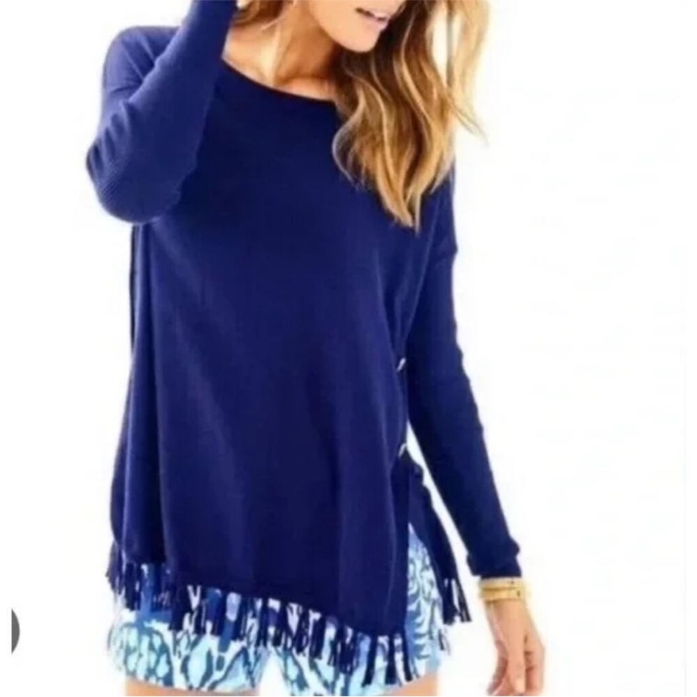 Lilly Pulitzer Ramona Sweater Blue Fringe Tassels Knit Oversized Buttons